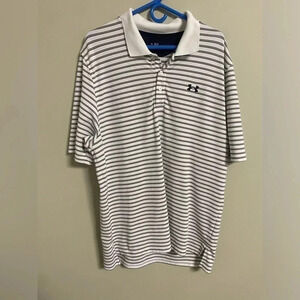 Under Armour HeatGear Polo Shirt White Gray Stripe Size XL Golf